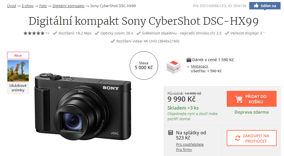 SONY HX99, 18,2Mpx, Wifi, BT, NFC
