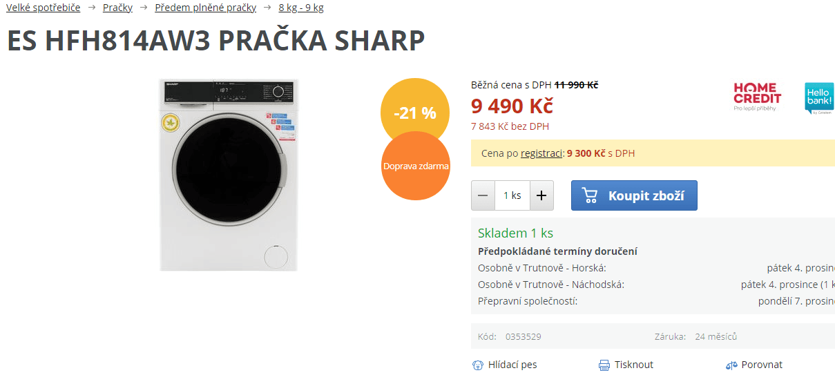 Pračka Sharp, 8kg, 1400 ot., A+++
