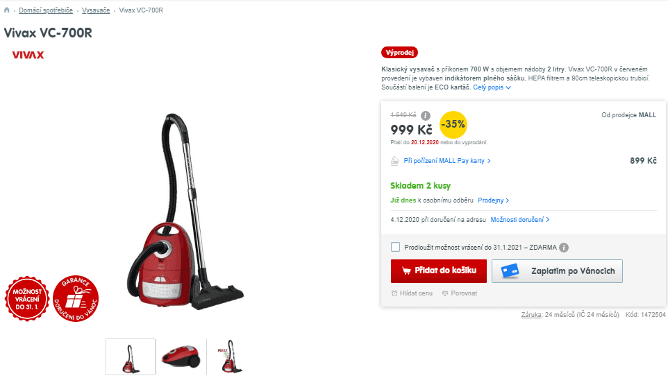 Vysavač Vivax VC-700R, 700W