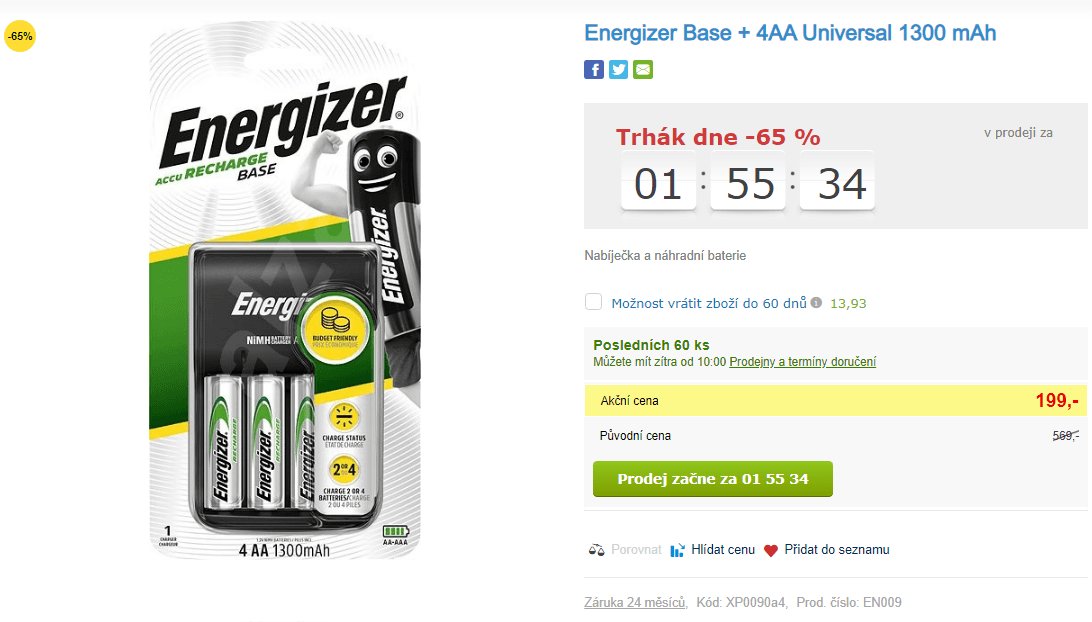 4 nabíjecí baterie AA + nabíječka Energizer