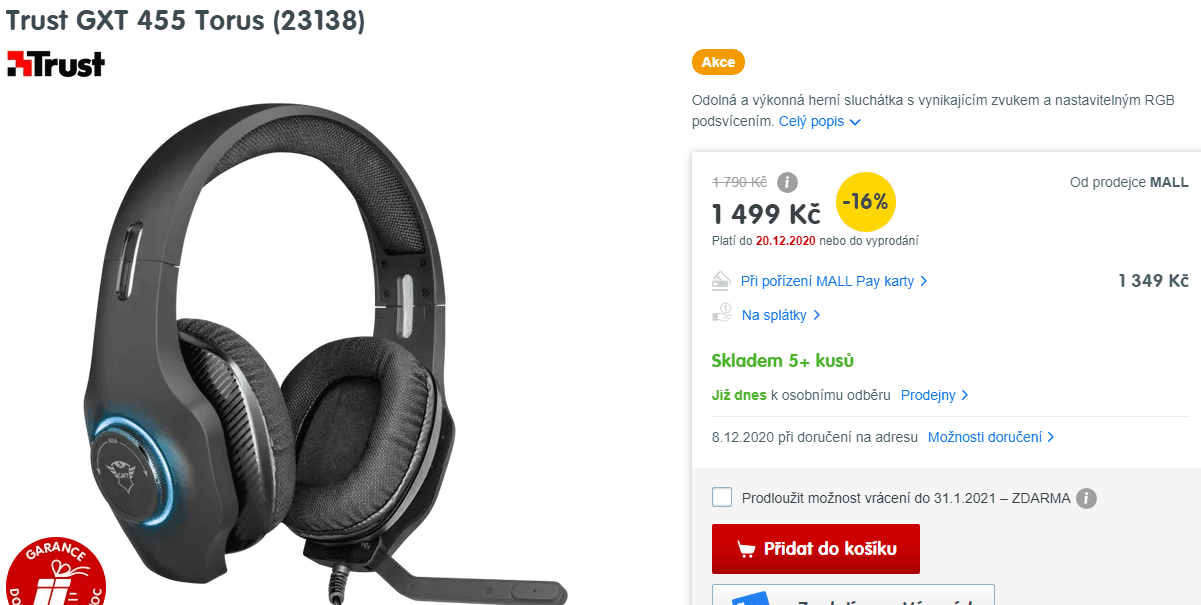 Herní sluchátka Trust GXT Torus, RGB
