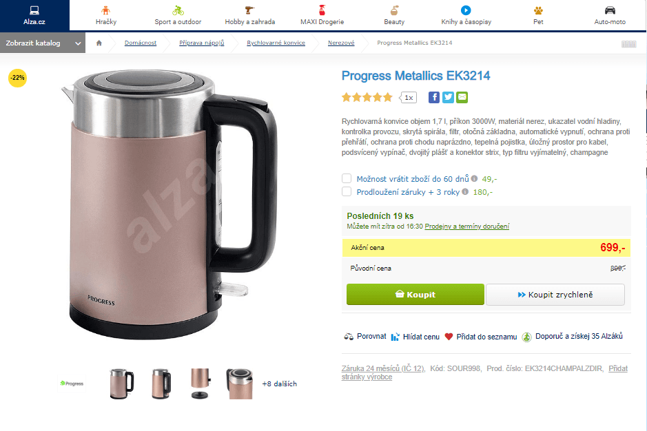 Rychlovarná konvice Progress, 1,7 litrů