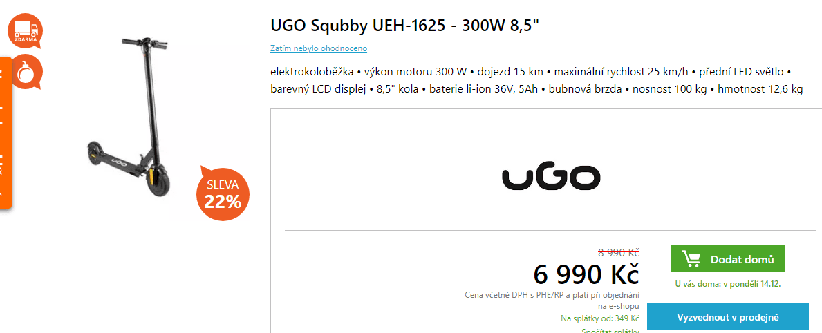 El. koloběžka Ugo, 25km/h, 15km