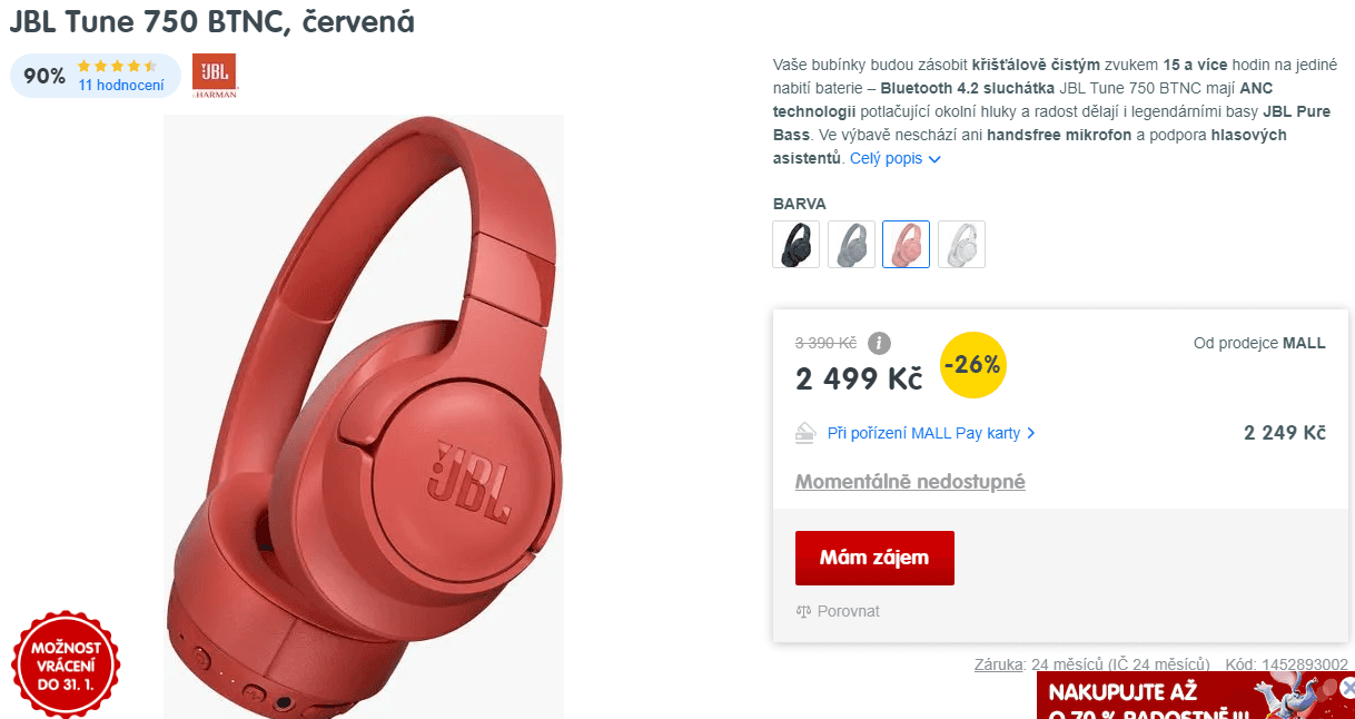 BT sluchátka JBL Tune 750BTNC
