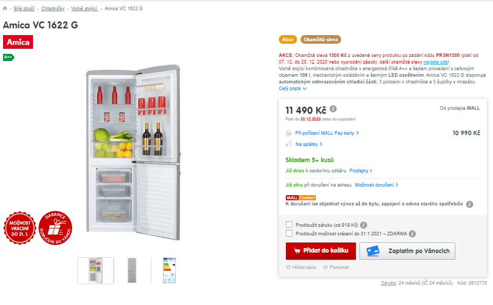 Komb. lednice Amica, A++, 199 litrů