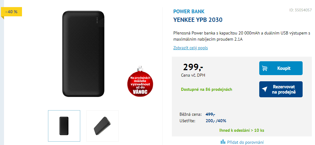 Powerbanka Yenkee 20000 mAh, 2x USB