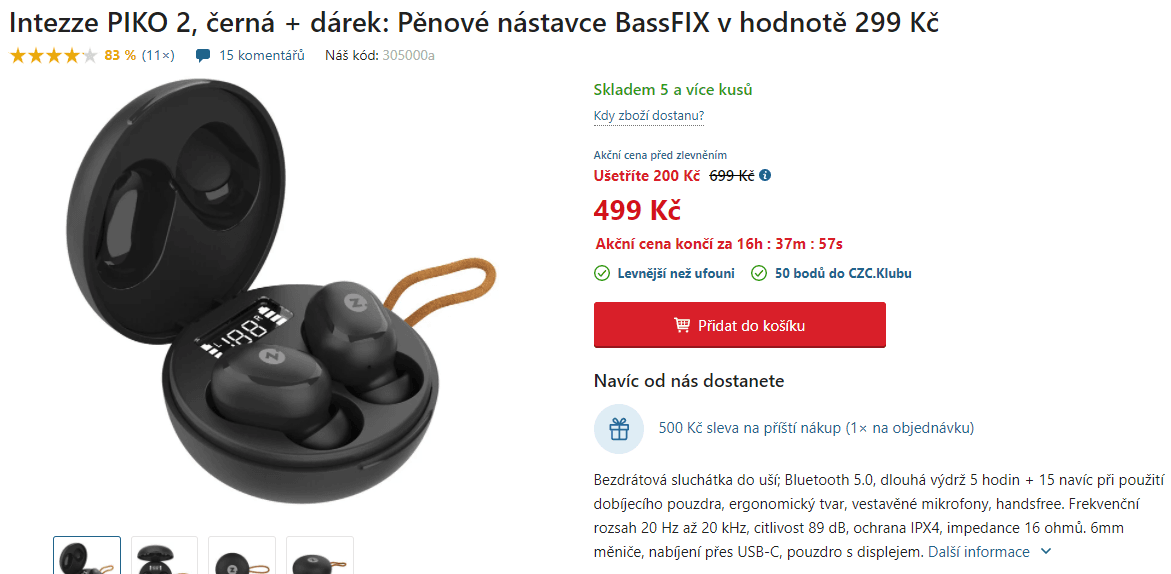 BT 5 sluchátka Intezze PIKO 2