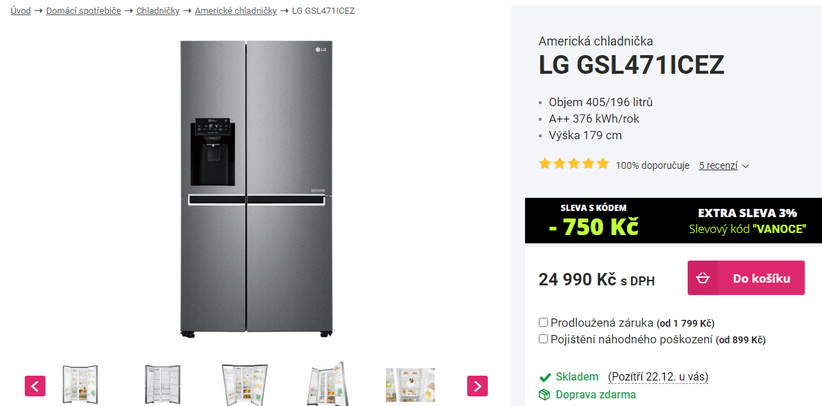 Americká lednice LG, A++, led, 179 cm