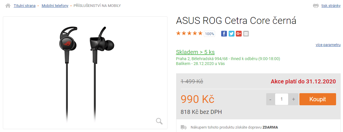 Herní pecková sluchátka Asus Rog