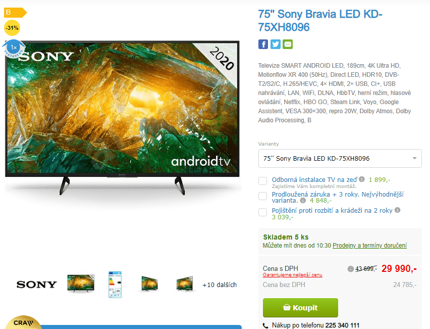 4K Smart, 189cm, HDR, SONY 8