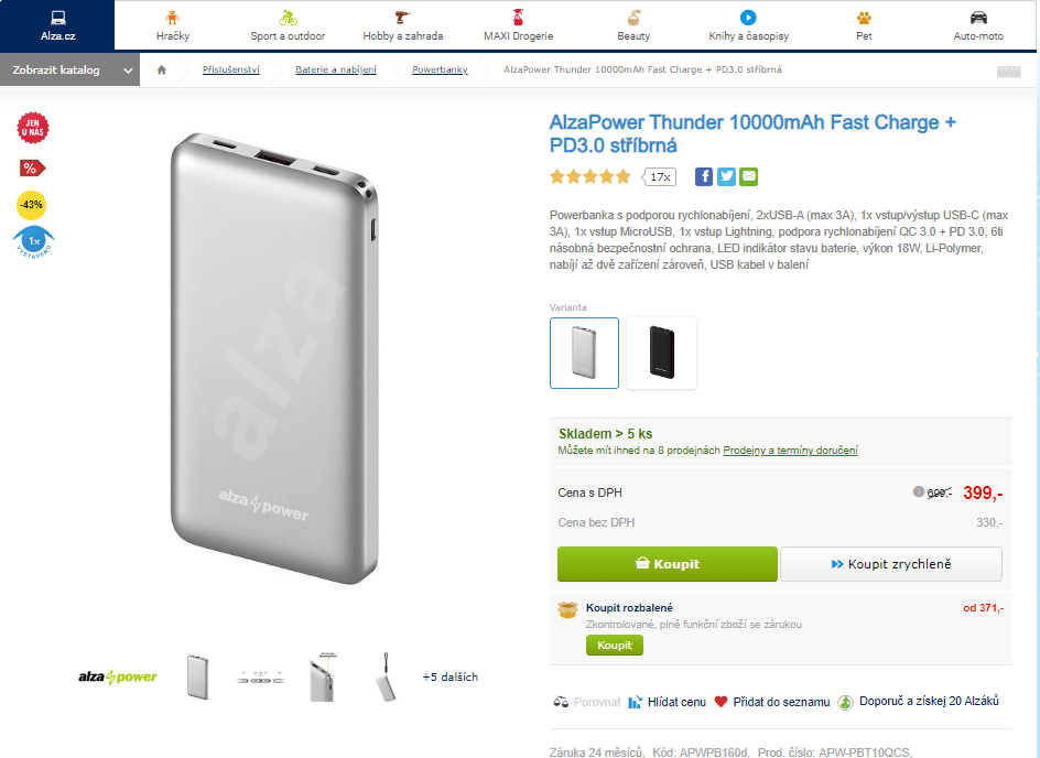 Powerbanka AlzaPower, 10000 mAh, Fast Charge