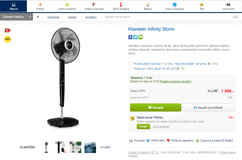 Stojanový ventilátor Klarstein, ovladač