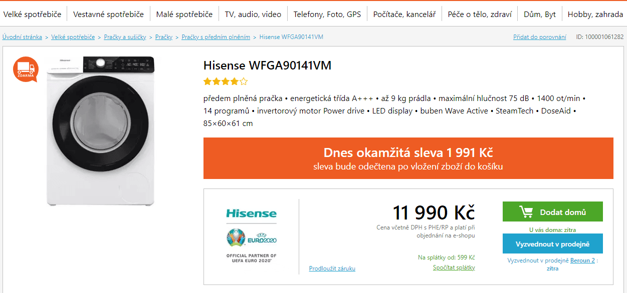 Pračka Hisense, 9kg, 1400 ot., A+++, steam