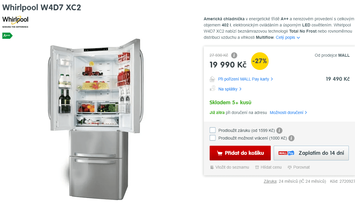 Americká lednice Whirlpool, 196cm, A++