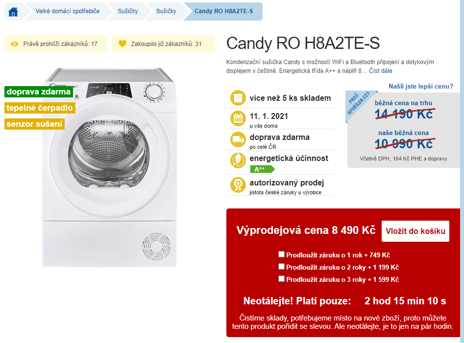 Kond. sušička Candy, A++, 8 kg, WiFi