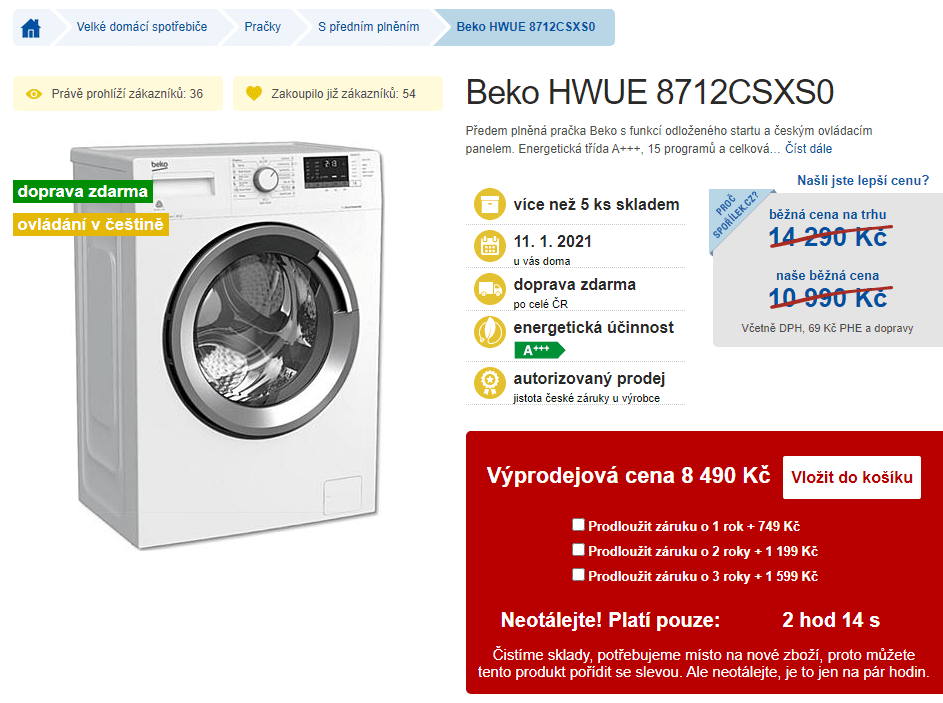 Pračka Beko, A+++, 8 kg, 1400 ot. / min.