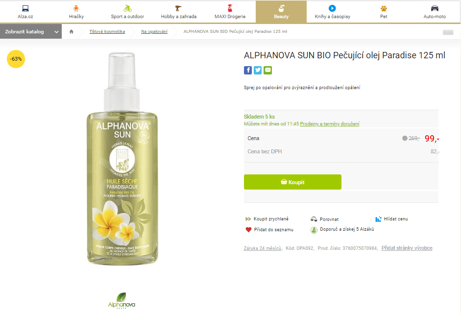 Pečující olej Alphanova Sun Bio 125 ml