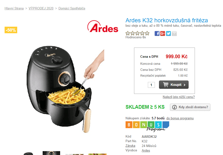 Horkovzdušná fritéza Ardes, 2 litry