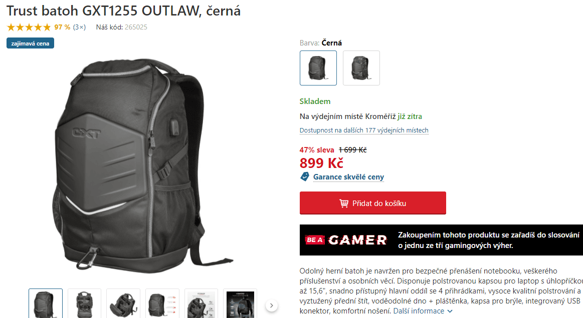 Odolný herní batoh Trust, USB, pláštěnka