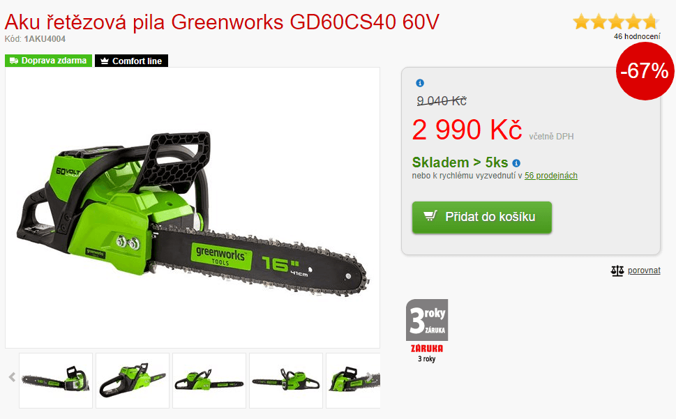 Aku řetězová pila Greenworks, 60V