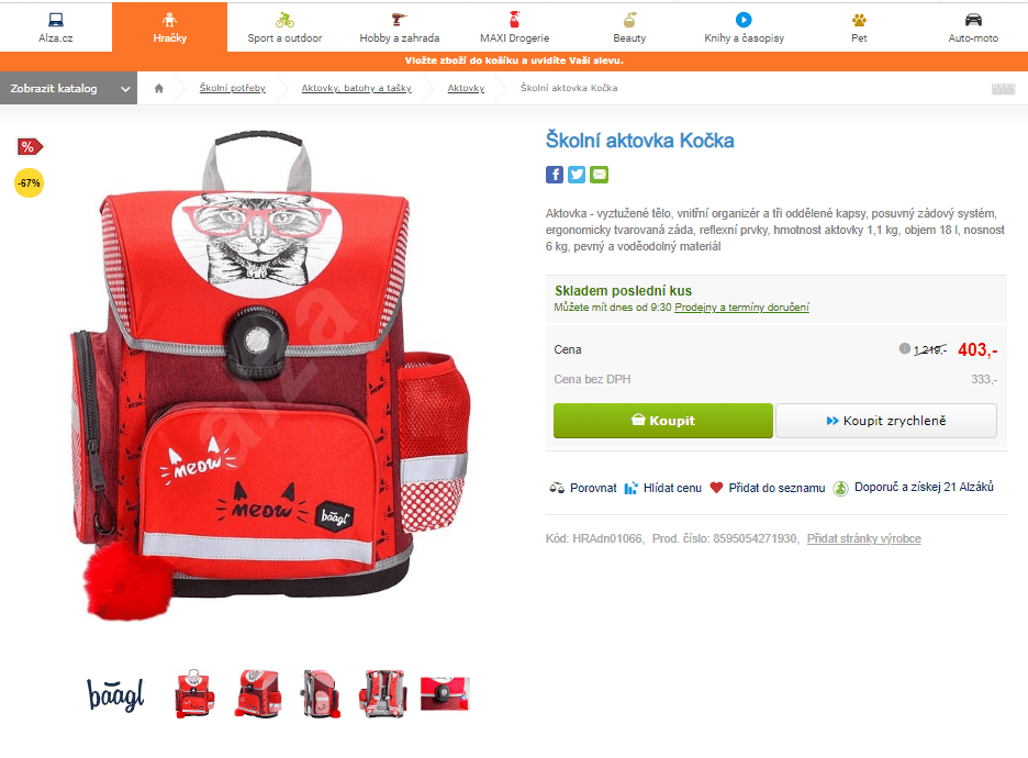 Školní aktovka Baagl kočka, 1. třída