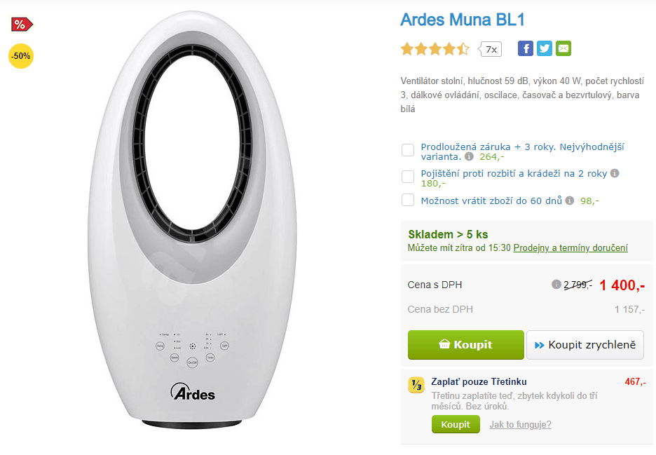 Ventilátor Ardes, LED, 4,5m/s, 57x30cm