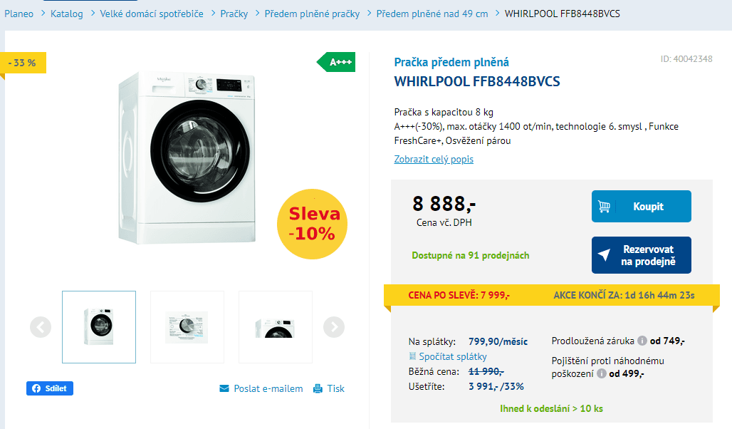 Pračka Whirlpool, 8 kg, A+++, 1400 ot/min