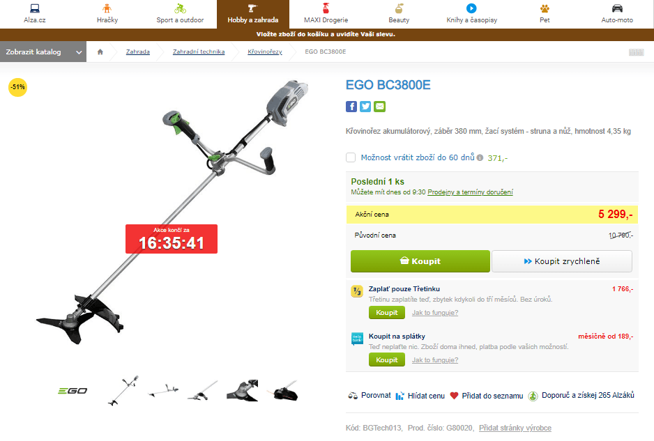 Aku křovinořez EGO, 38 cm, 2000 W