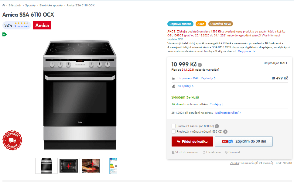 Elektrický sporák Amica, 65 l, gril, nerez