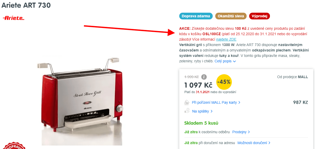 Vertikální el. gril Ariette, 29x17cm