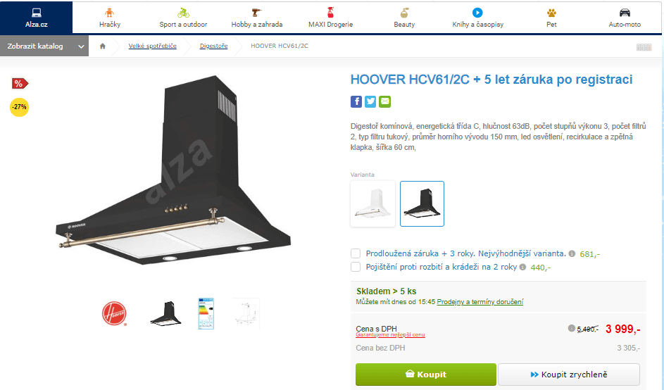 Digestoř komínová HOOVER, 60 cm