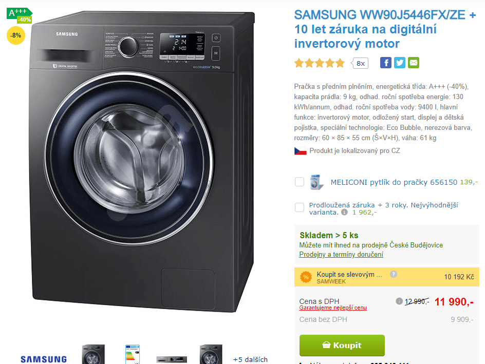 Pračka Samsung, 9kg, 1400 ot., A+++, 55cm