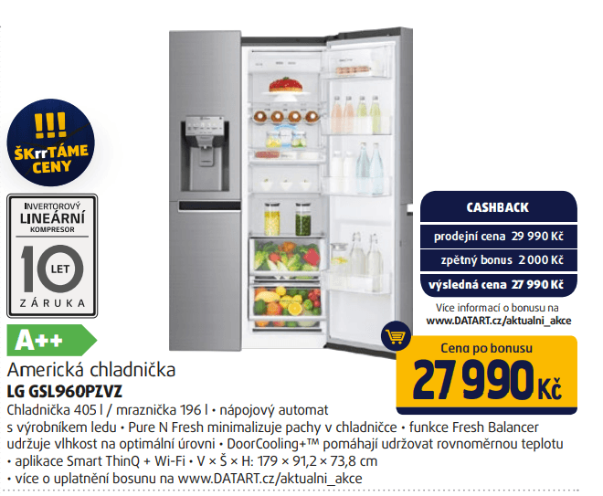 Americká lednice LG, led, voda, 179cm