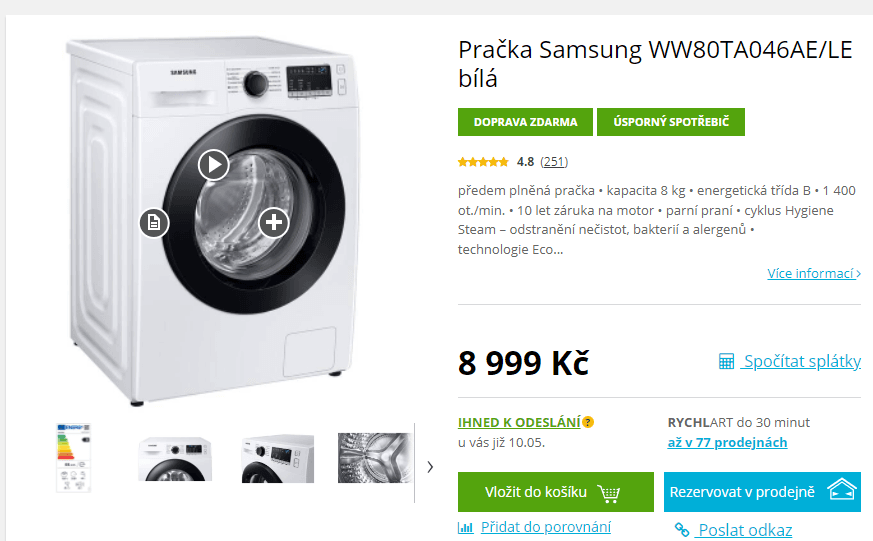 Pračka Samsung, 8kg, 1400 ot., pára, A+++