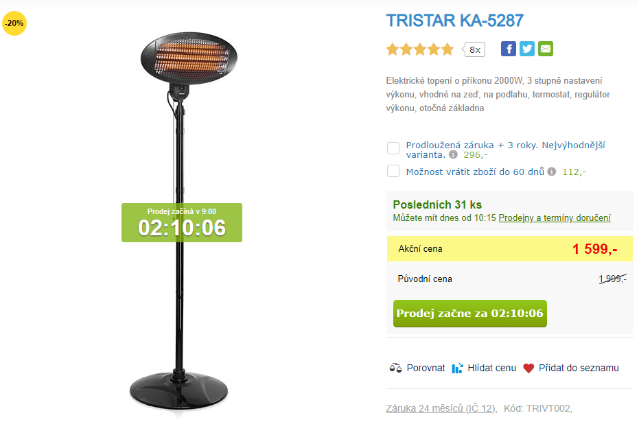 Topení, infrazářič Tristar, stojan / stěna