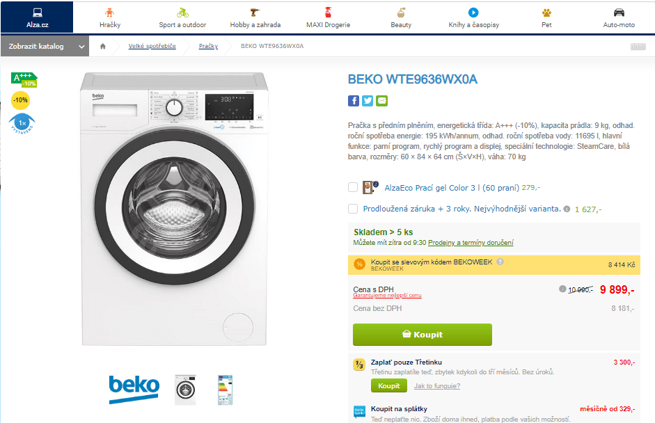 Pračka Beko, A+++, 9 kg, 1 200 ot/min, pára
