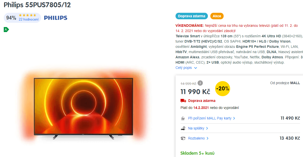 4K Smart, Ambilight, 139cm, HDR, Philips