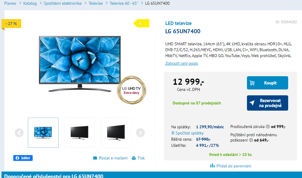 4K Smart TV, HDR, BT, 165cm, LG
