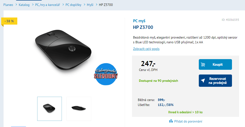 Bezdrátová myš HP, optická, 3 tlačítka