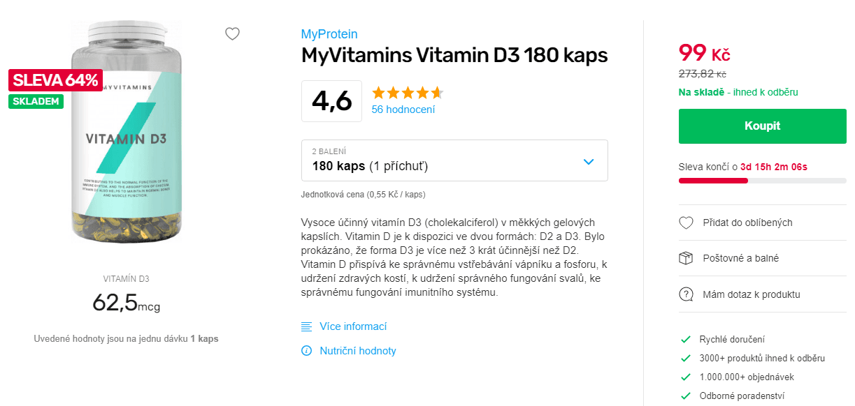 Vitamín D3 Myprotein 180 kapslí