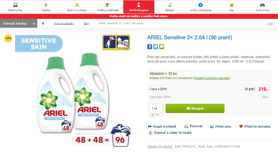 Prací gel ARIEL Sensitive 2× 2,64 l