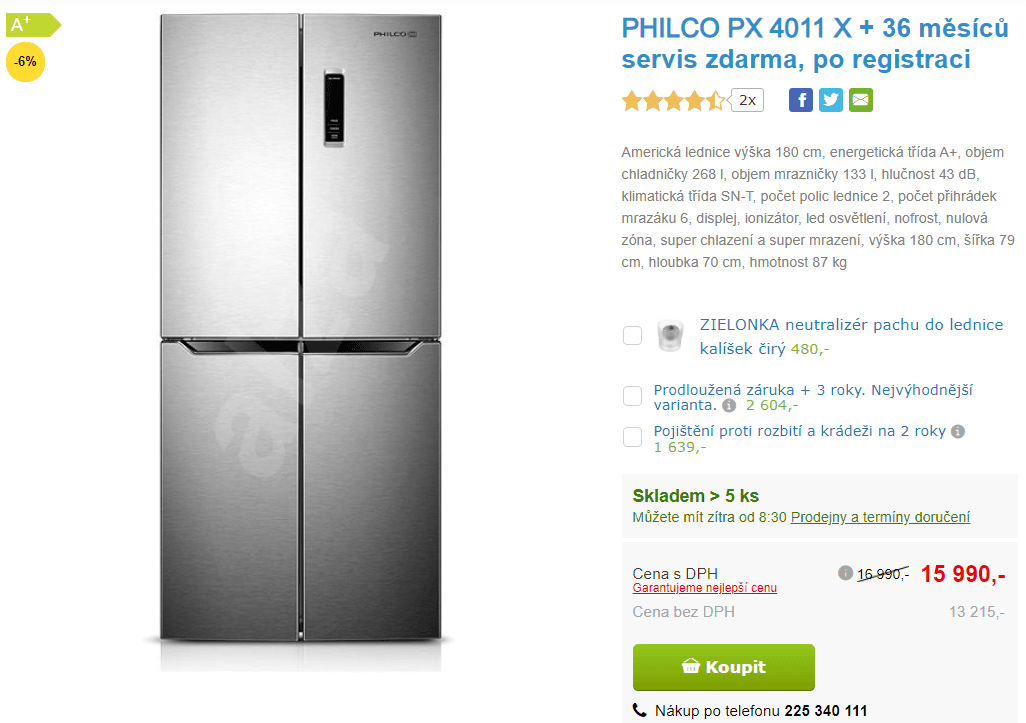 Americká lednice Philco, A++, 180x79 cm