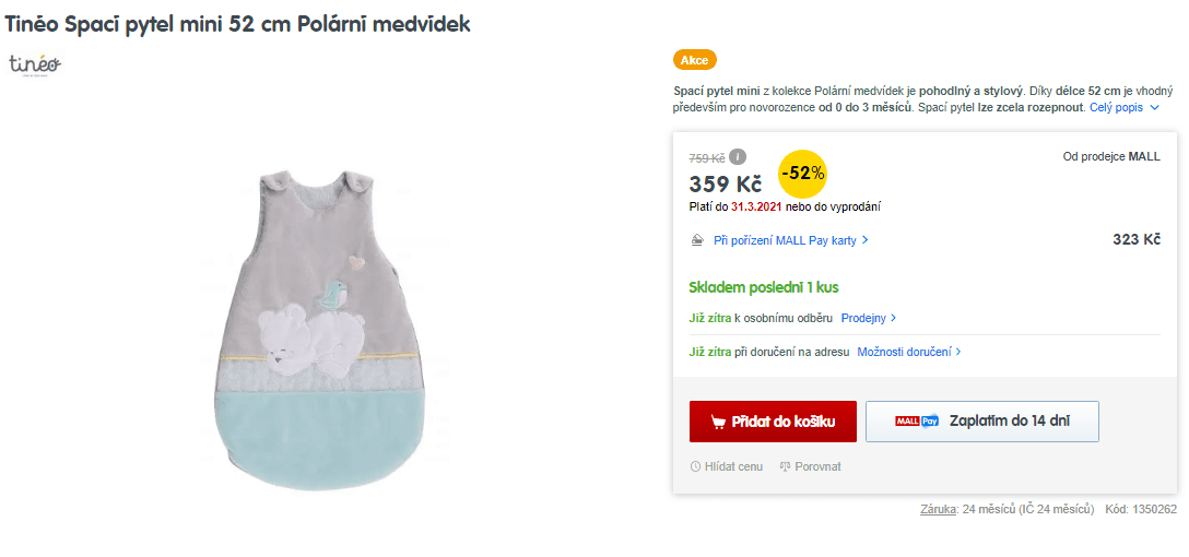 Spací pytel Tinéo 52 cm Polární medvídek