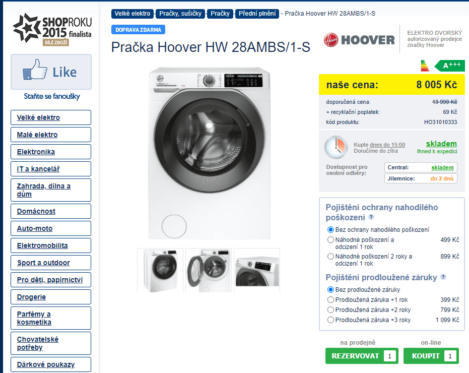 Parní pračka Hoover, 8kg, 1200ot., BT,Wifi