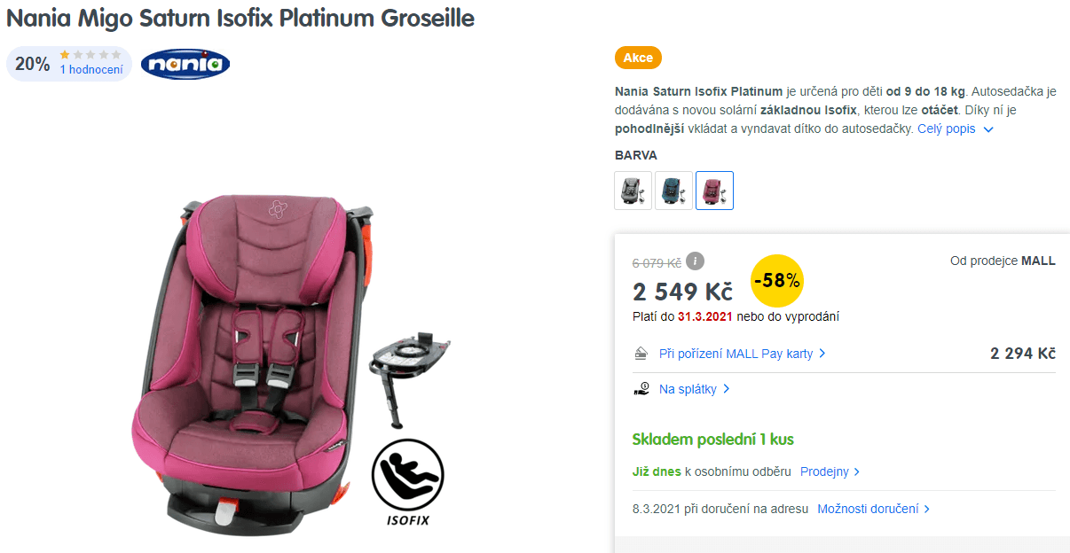 Autosedačka Nania, 9-18kg, isofix, základna