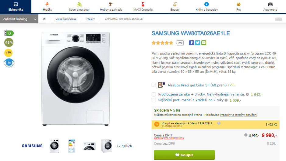 Parní pračka Samsung, 8 kg, 1 200 ot/min