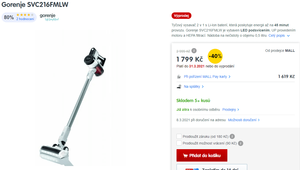 Tyčový vysavač 2v1 AKU Gorenje