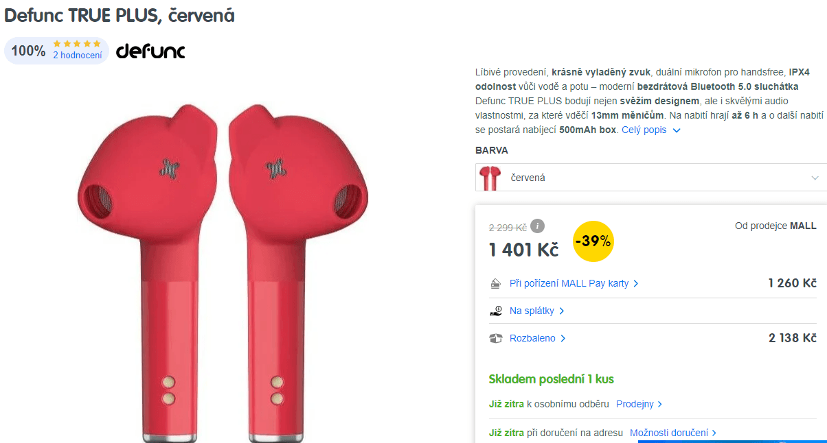 BT sluchátka Defunc TRUE PLUS