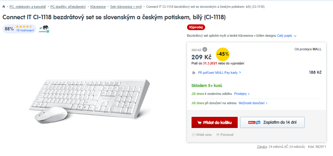 Bezdrátový set Connect (klávesnice, myš)