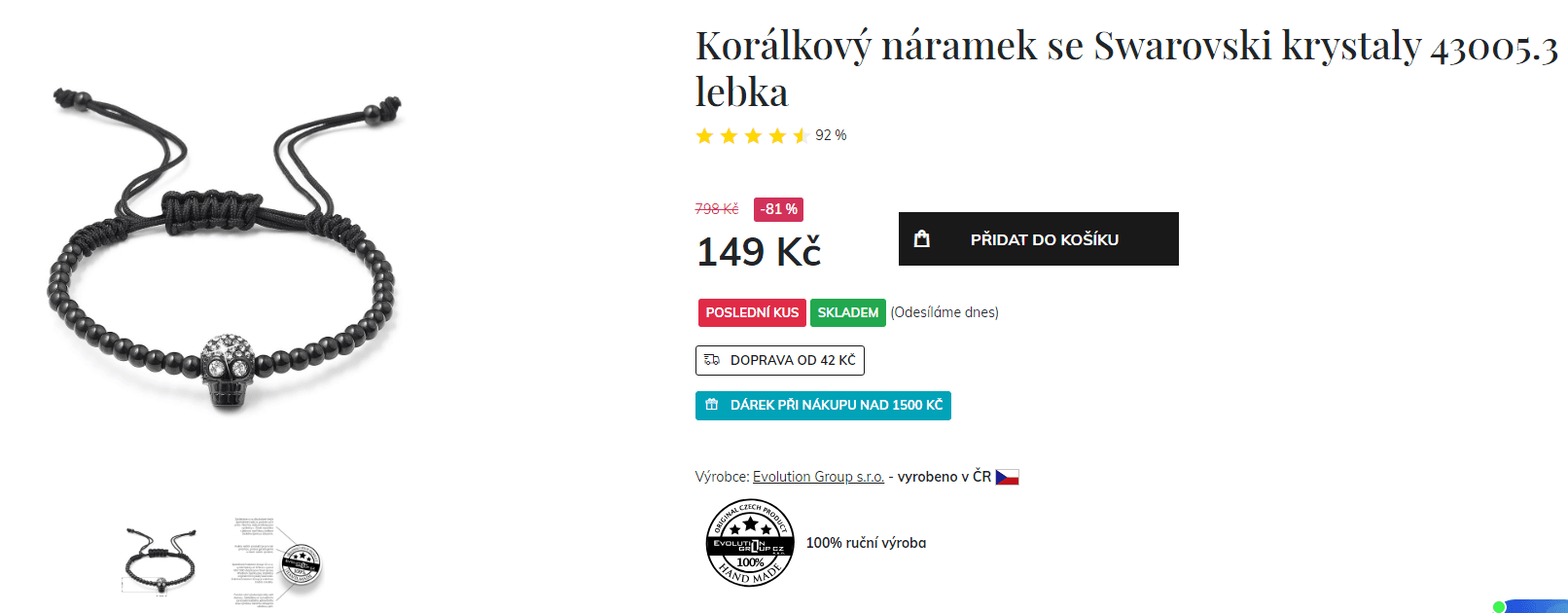 Korálkový náramek s krystaly - lebka
